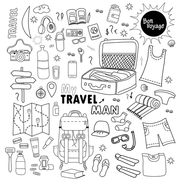 Coisas de viagem Doodle. Conjunto de fotos Viajando homens de férias. Taxas por bagagem, coisas, roupas e sapatos. Mens preparados. Todos os elementos são isolados . — Vetor de Stock