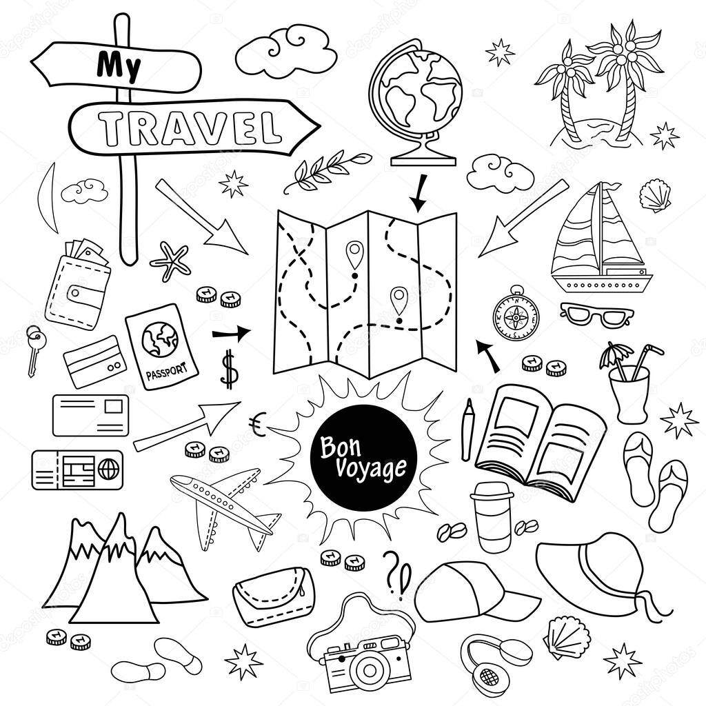 Doodle set of travel vector. Drawings of luggage for tour of sea and mountains. Things for  person to travel. All elements are isolated. 
