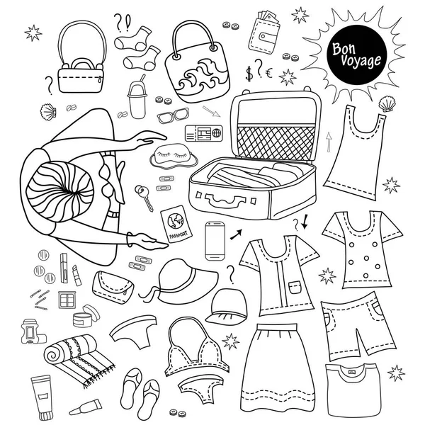 Meisjestoerist. Doodle set van reizen vector ontwerp. bagage voor de zomer. Verzamelt dingen, documenten, cosmetica en kleding in een koffer. Alle elementen zijn geïsoleerd — Stockvector