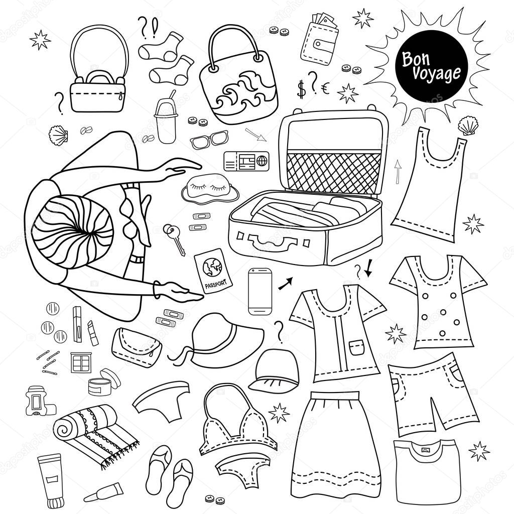 girl tourist. Doodle set of travel vector design. luggage for summer. Collects things, documents, cosmetics and clothes in a suitcase. All elements are isolated