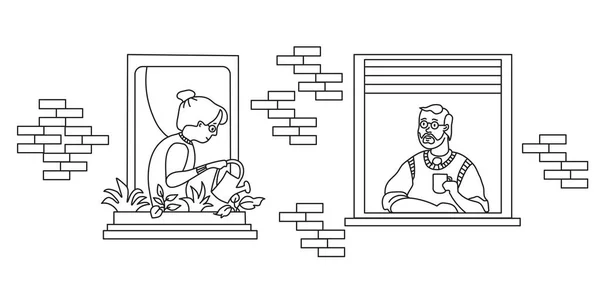 Rester à la maison couple âgé. couple âgé à la recherche d'une maison. La façade de la maison avec des fenêtres ouvertes. Auto-isolement, quarantaine pendant la COVID-19. Reste à la maison. Schéma dessin, ligne . — Image vectorielle