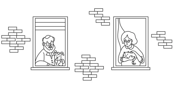 Пожилая пара ищет дом. окна с соседями. Пожилой мужчина с собакой и бабушка с котом у окна. Концепция социальной изоляции во время пандемии коронавируса — стоковый вектор