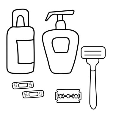 Güzellik ve moda seti. Ceset için kozmetik çizimleri. Tıraş ve saç kesimi. Krema ve tonik, tıraş bıçağı ve kesiklerden yara bandı. İmza ve çizgi. Vektör siyah çizgisi.