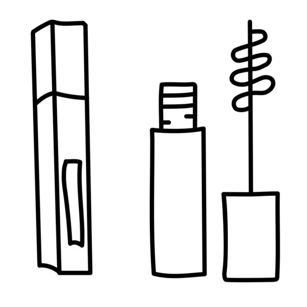 Contourtekeningen van decoratieve cosmetica. Mascara voor ogen. Gesloten en open verpakking. Teken en lijn vector symbool. — Stockvector