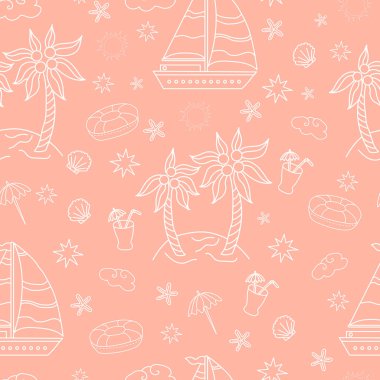 Kusursuz desen. Denizcilik temalı kusursuz desenli pembe arkaplan. Gemiler, adada palmiye ağaçları, kokteyller ve kabuklu bir yüzme çemberi. Paketleme, tasarım ve baskı. Vektör pürüzsüz