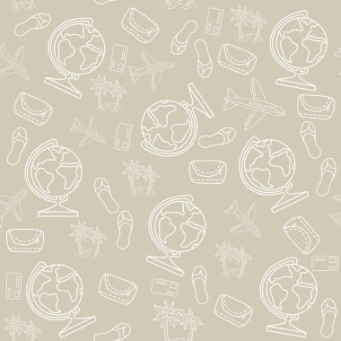 Kusursuz desen. Denizcilik temalı mavi arkaplan. Gemiler, kokteyl ve dondurmalı bulutlar, plaj terlikleri ve yüzme maskesi. Paketleme, tasarım ve baskı. Vektörsüz desen