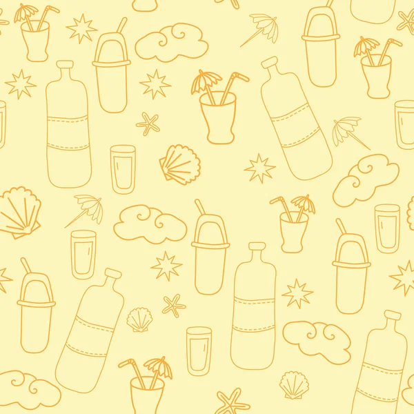 Patrón sin costuras. Fondo amarillo claro con conchas, cócteles y una botella, bebidas y nubes. Embalaje, diseño e impresión. Patrón de línea sin costura vectorial . — Archivo Imágenes Vectoriales