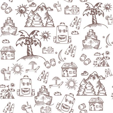 Beyaz arka planda pürüzsüz bir çizgi ve iz var. Turizm, doğa, tatil ve dağlara seyahat ve palmiye ağaçları ve güneşli bir yatağı olan adaya. Tatil malzemeleri ve bavul için.