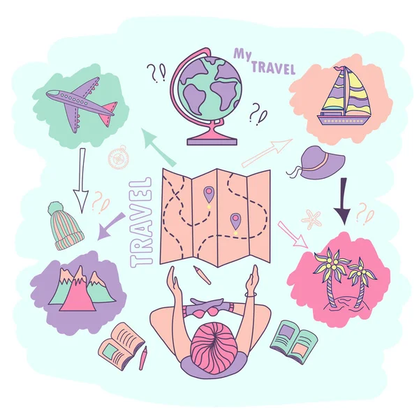 Vacation planning girls. Vacation Dreams. A girl sits and looks at a map, near her travel pictures - mountains, an island with palm trees and transport - an airplane and a ship, a hat and a globe