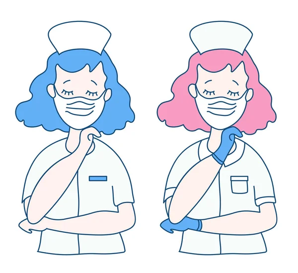 Two lovely nurses in medical white uniforms, wearing a mask and eyes closed. One female healthcare provider has blue gloves for protection against the virus. Vector drawing — Stock Vector