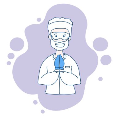 Cerrah, beyaz önlüklü doktor ve virüslere karşı koruma. Maske, gözlük, şapka, eldiven. Doktor kollarını kavuşturup dua etti. İlaç ve tasarruf. Mor arkaplanda vektör çizimi.