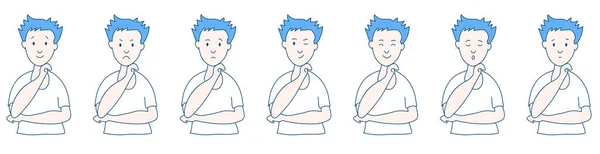 Diferentes emociones y expresiones faciales. Joven con la mano levantada. Alegría, tristeza, ira, conversación, gracioso, miedo, sonrisa. Ilustración vectorial diseño plano. Caricatura . — Archivo Imágenes Vectoriales