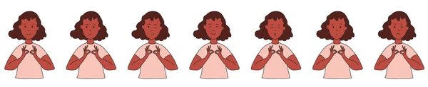 Unterschiedliche Emotionen. Ethnischer Hintergrund Eine Frau praktiziert Yoga und Meditation. Gesichtsausdruck. Freude, Traurigkeit, Wut, Komik, Angst, Lächeln. Vektor Illustration flaches Design. Karikatur. — Stockvektor