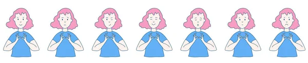 Diferentes emociones. Una mujer practica yoga y meditación. Expresiones faciales. Alegría, tristeza, ira, gracia, miedo, sonrisa. Ilustración vectorial diseño plano. Caricatura . — Archivo Imágenes Vectoriales