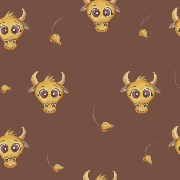 Seamless pattern with bull face and tail on a brown background. New Year 2021. Year of the bull. Watercolor is suitable for decoration, design, packaging, cards, decor, gifts and printing. High quality photo