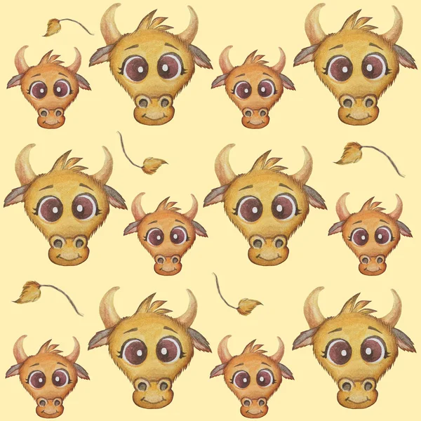 Seamless pattern with a bull face on a beige background. New Year 2021. Year of the bull. Watercolor is suitable for decoration, design, packaging, children, decor, gifts, printing. High quality photo