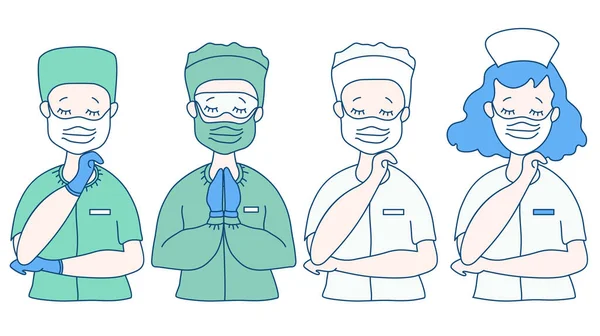 Kirurg, läkare och sjuksköterska i medicinsk grön och vit kläder och virusskyddsutrustning - mask, glasögon och blå handskar, hatt. Läkaren korsade armarna, blundade och bad. Vektor — Stock vektor