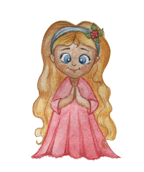 Akvarell aranyos illusztrációja egy lány. Hercegnő, szőke, hosszú hajú, rózsaszín ruhában. Kézzel rajzolt festékek — Stock Fotó