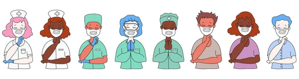 Pessoas e médicos com máscaras médicas. Enfermeiras de uniforme em chapéu, óculos e luvas, homem e menina com os olhos fechados. Nacionalidade diferente, etnia - pele leve e escura. Protecção contra —  Vetores de Stock