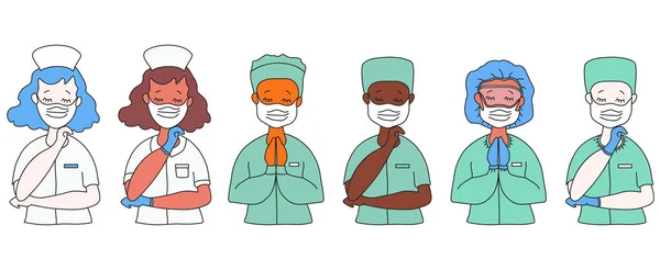 Лікарі та медсестри різних медичних форм та різних національностей є азійськими, світлими та темними. Етнос. Захист від COVID-19. Векторні плоскі ілюстрації, емоції та молитви — стоковий вектор