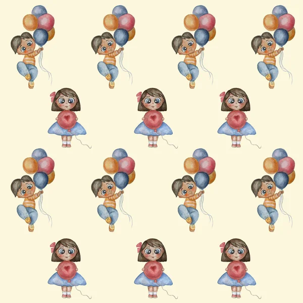Naadloos patroon Leuke illustratie van een mooie jongen en meisje met kleurrijke ballonnen. Aquarel hand tekening illustratie. Het kan worden gebruikt voor kinderen ontwerp en decoratie. foto — Stockfoto