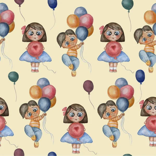 Seamless pattern Cute illustration of funny children on a light background. Boy and girls with colorful balloons, heart and flying balls. Watercolor. Can be used for baby design. High photo