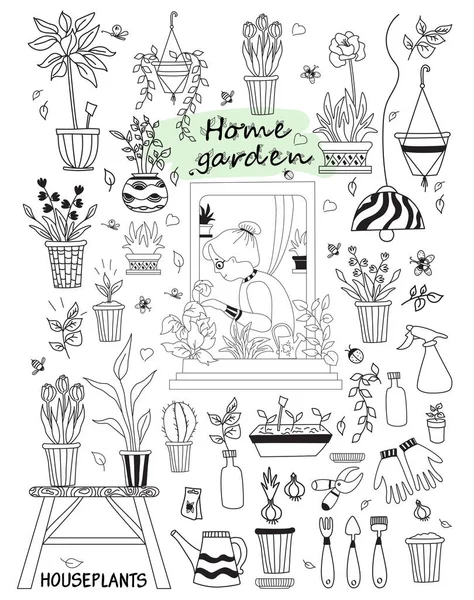 Plantas internas em uma casa moderna e pessoas. Mulher idosa em um interior verde em uma janela aberta. Conjunto de plantas de sala doodles e flores, plantas tópicas, móveis, ferramentas. Hobbies e casa verde — Vetor de Stock