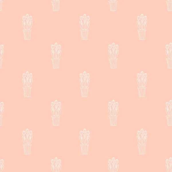 Fondo sin costuras con lindo contorno patrón blanco de plantas de interior en macetas. Flores tulipanes sobre un fondo rosa. Colección vectorial de plantas de garabatos. Hogar, jardín, concepto interior. Vector — Archivo Imágenes Vectoriales