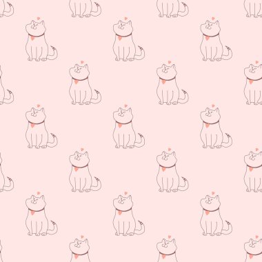 Şablon. Kalbi ve çizgili kuyruğu olan sevimli ve komik bir kedi. Pembe arka planda bordo renkli hatları olan pürüzsüz bir desen. Ev, iç mekan, tasarım kavramı. Vektör 