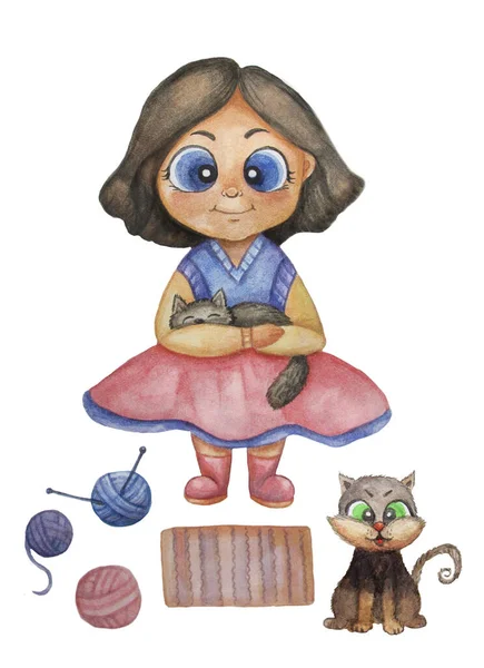 Acuarela. Ilustración de una linda chica con un gato en sus brazos. Grupos de hilos yacen cerca y un gato se sienta. Utilizar para decorar temas e invitaciones para niños. Pinturas de dibujo a mano . — Archivo Imágenes Vectoriales