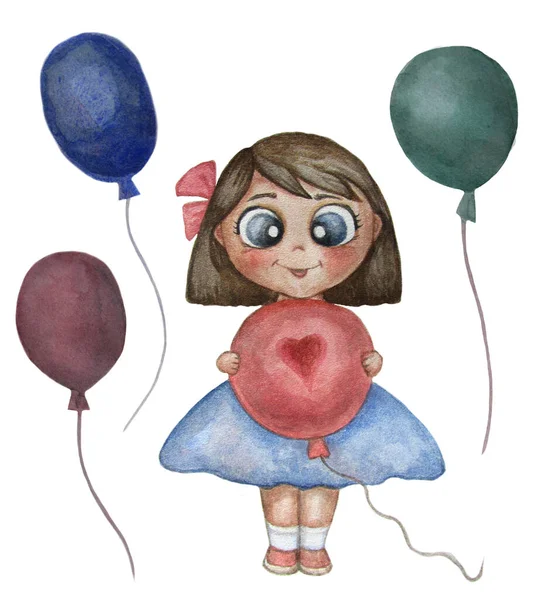 Aquarel leuke illustratie van een meisje met een kapsel. Een grappige brunette met een rode ballon in haar handen en veelkleurige ballonnen vliegt in de buurt. Aquarelverf. Kwaliteit foto. Geïsoleerde tekening — Stockfoto