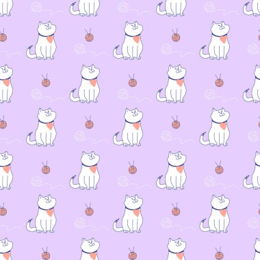 Şablon. Kalbi ve çizgili kuyruğu olan sevimli ve komik bir kedi, açık mor arka planda iplik ve örgü iğnelerinden oluşan bir top. Pembe arka planda bordo renkli hatları olan kusursuz bir desen.. 