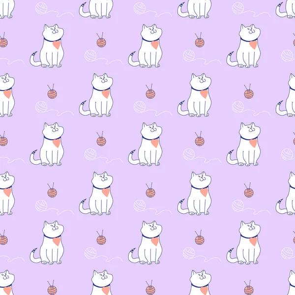 Şablon. Kalbi ve çizgili kuyruğu olan sevimli ve komik bir kedi, açık mor arka planda iplik ve örgü iğnelerinden oluşan bir top. Pembe arka planda bordo renkli hatları olan kusursuz bir desen.. 