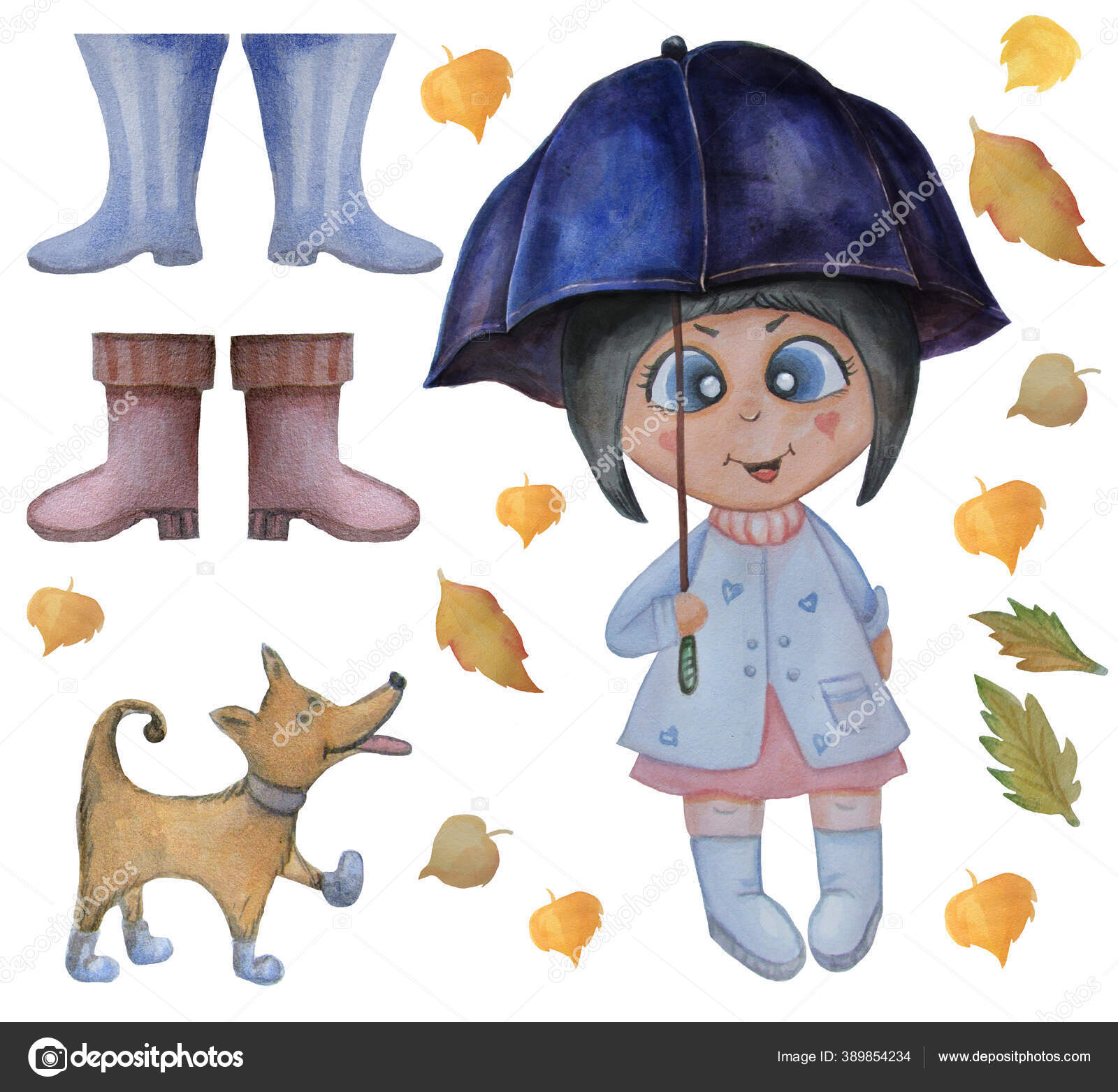 Акварель Детей Милая Иллюстрация. Девушка С Голубым Зонтиком.