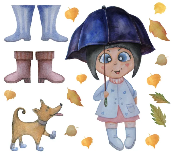 Crianças aquarela ilustração bonito. Menina com um guarda-chuva azul. Perto de um cão engraçado. Conjunto de outono de folhas amarelas e botas de borracha. Foto de qualidade . — Fotografia de Stock
