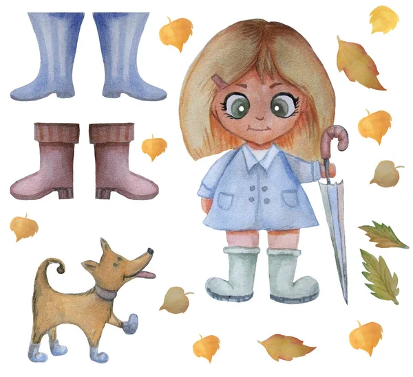 Crianças aquarela ilustração bonito. Uma rapariga está com um guarda-chuva ao lado de um cão engraçado. Conjunto de outono de folhas amarelas e botas de borracha. Isolado sobre fundo branco . — Fotografia de Stock