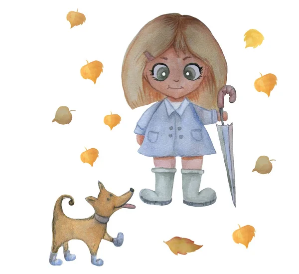 Acuarela niños linda ilustración. Una rubia con ojos verdes en un abrigo está de pie con un paraguas. Cerca hay un perro con botas y las hojas están cayendo. otoño . — Foto de Stock