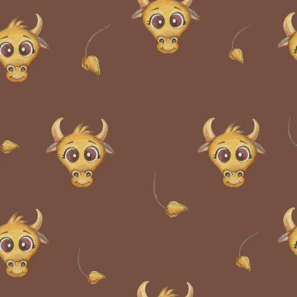 Seamless pattern with bull face and tail on a brown background. New Year 2021. Year of the bull. Watercolor is suitable for decoration, design, packaging, cards, decor, gifts and printing.