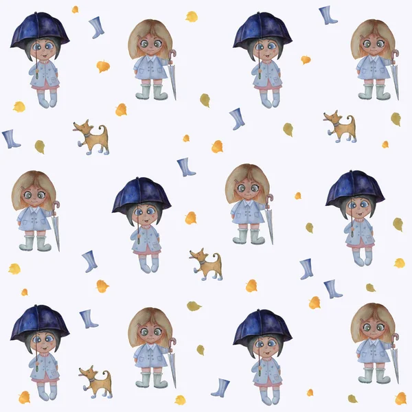 Sømløst mønster. Søt illustrasjon av barn i vannfarger. Blonde og brunette jenter med paraply og en morsom hund. Lett bakgrunn. Høsten og gule blader. Utsmykning og innredning for barn – stockfoto