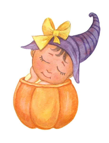 Halloween Watercolor ilustração de um bebê bonito que está sentado com os olhos fechados em uma abóbora. Uma criança celebra o Halloween. Isolado sobre um fundo branco . — Fotografia de Stock