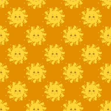 Kusursuz desen. Yüzü turuncu arkaplanda gülümseyen sevimli sarı bir güneş. Tasarım, dekor, ambalaj, baskı, tekstil, yaz çizimleri. Vektör. 