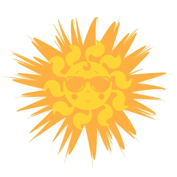 Joli soleil. Style le soleil dans les lunettes de soleil. Soleil jaune-orange avec un sourire et des lunettes. Illustration vectorielle icône. Isolé sur fond blanc. — Image vectorielle