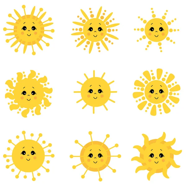 Bel sole. Set vettoriale icona. Disegnato disegni divertenti. Diversi Divertenti Soli con volti e occhi. Vettore — Vettoriale Stock