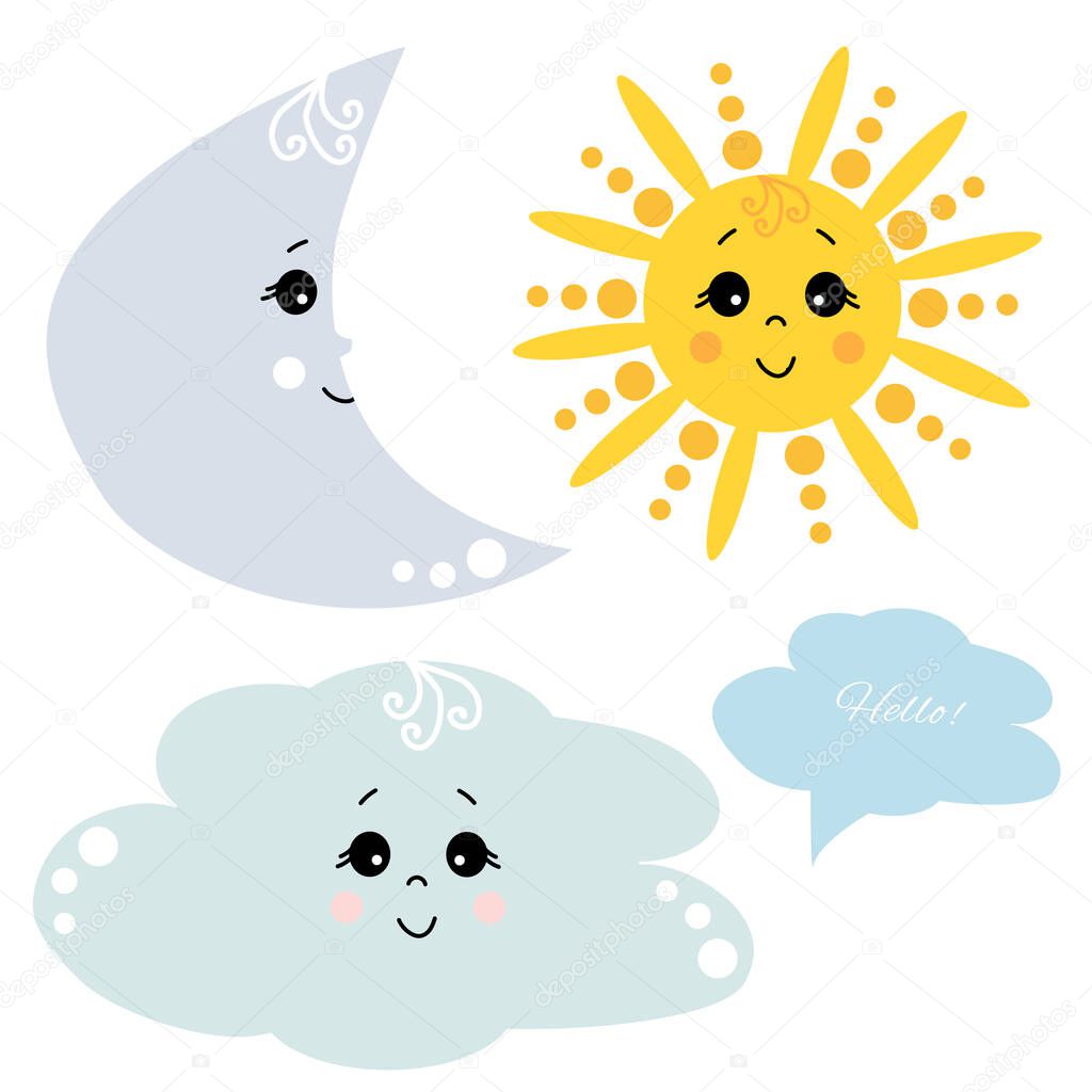 Cute Sun with eyes and a smile. Set of vector illustrations - clouds, sun, moon. Text cloud and bubble for text with greeting words. Isolated on white background.