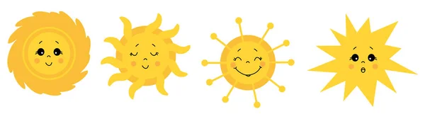 Sol bonito. Conjunto de ícones vetoriais. Desenhos desenhados do sol com diferentes rostos e emoções. Olhos fechados e abertos. Vetor —  Vetores de Stock