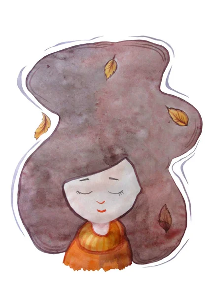 Rapariga do outono. Menina aquarela com olhos fechados e folhas de outono em seu cabelo. Isolado sobre um fundo branco. Conceito de outono para cartão e design — Fotografia de Stock