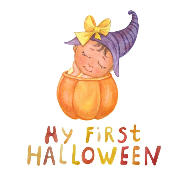 Min första Halloween. Söt illustration av en liten unge som sitter i en pumpa med slutna ögon och i en lila häxa hatt. Nedan är texten. Akvarell. Vertikal banderoll — Stockfoto