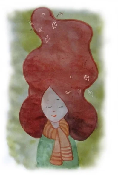 秋の女の子。閉じた目と秋の葉を持つ水彩少女は緑の背景に残します。湿らせ、しわのある紙の質感。グリーティングカードとデザインのための秋のコンセプト。高品質の写真 — ストック写真