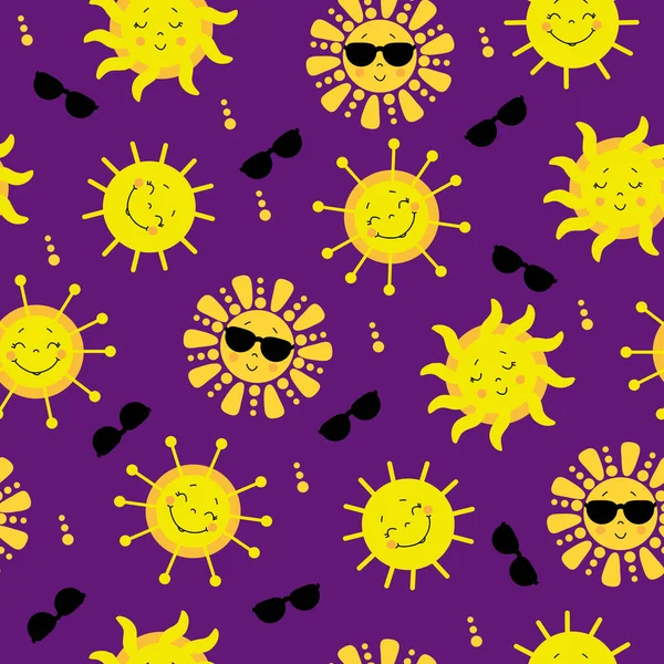 Schema senza soluzione di continuità. Carino il sole giallo in occhiali da sole sorridente. E un dolce sole a occhi chiusi. Vettore per la progettazione, decorazione, imballaggio, tessile, illustrazione estiva. — Vettoriale Stock