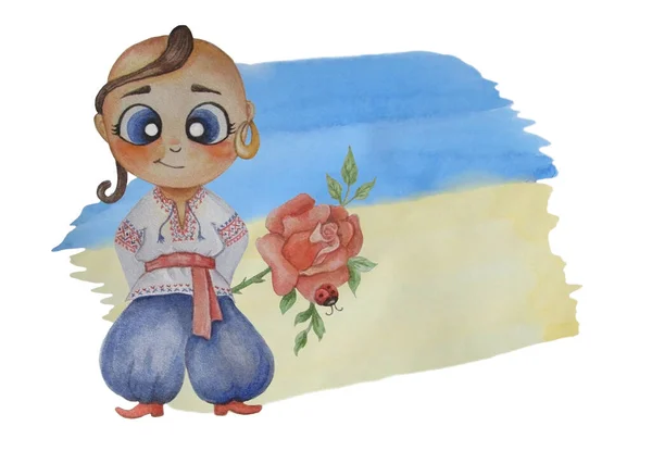 Enfants aquarelle illustrations. Un garçon ukrainien mignon avec une boucle d'oreille dans son oreille et des vêtements nationaux, vyshyvanka avec une rose sur le fond du drapeau jaune-bleu. Teinture aquarelle pour texte — Photo